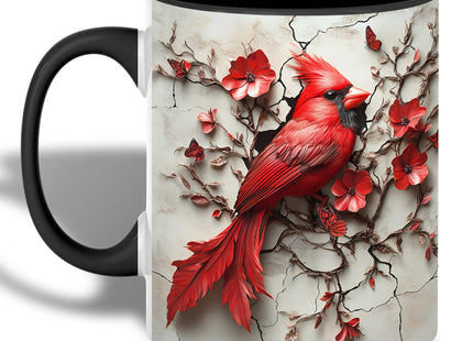 ANOVRA Cardinal Bird Ceramic Mug, Artistic Red Cardinal with Flowers and Cracked Background, Gift for Bird Lovers (Black, 11oz)