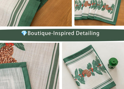 Midsummer Breeze Christmas Table Runner – Pinecone & Holly Design, 18”x90” inches Long, Winter Dining Holiday Décor-Green