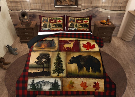 Bear Cabin Plaid Comforter Set Queen, Rustic Farmhouse Bedding Comforter Sets, Retro Hunting Deer Bedding, Country Woodland Pine Tree Duvet Set, Maple Leaf Lodge Decor Down Comforter, Red Black Brown