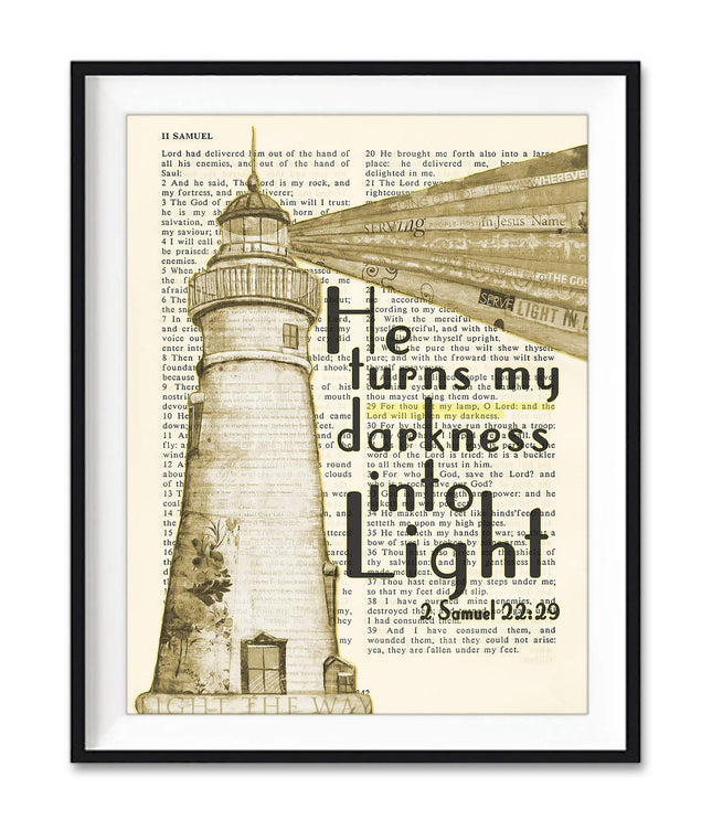 Vintage Bible Page Verse Scripture - He Turns My Darkness into Light - 2 Samuel 22:29 Lighthouse Christian Art Print, Unframed, Christian Wall and Home Decor Poster, All Sizes