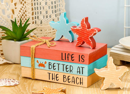 Whaline 7 Pcs Summer Decoration Beach Wooden Tiered Tray Decor Mini Faux Stacked Books Starfish Decorative Table Centerpiece Block Signs for Party Home Kitchen Dining Table Decor