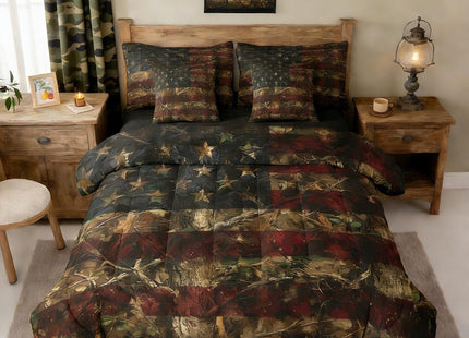 Erosebridal American Flag Bed in A Bag Rustic Woodland Camo Bedding Set Tree Camouflage Hunting Twin Comforter Set with Sheets 7 Piece for Boys Teen Men,Farmhouse Cabin Lodge Bed Set