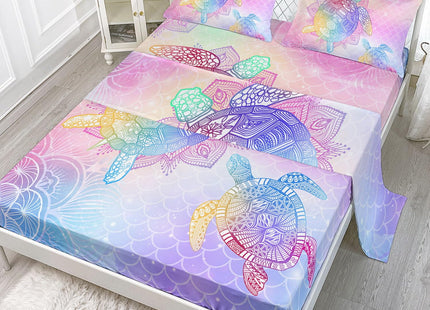 Datura home Bedding Fitted Sheet and Flat Sheet Set 4Pcs Boho Sea Turtle Printed Bedding Set with 1 Flat Sheet and 1 Fitted Sheet + 2 Pillowcases for Girls (Boho Turtle Full)