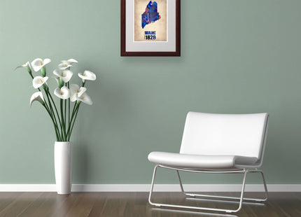 Trademark Fine Art Maine Watercolor Map by Naxart Matted Framed Art, 11 by 14-Inch, Wood Frame