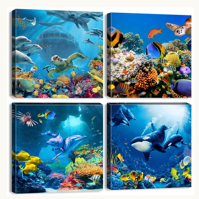 Ocean Animals Wall Art for Bathroom Beach Theme Sea Turtle Pictures Wall Decor Nautical Fish Dolphins Whales Canvas Prints Nautical Paintings Large Artwork Bedroom Nursery Home Decorations 24x24” 4Pcs