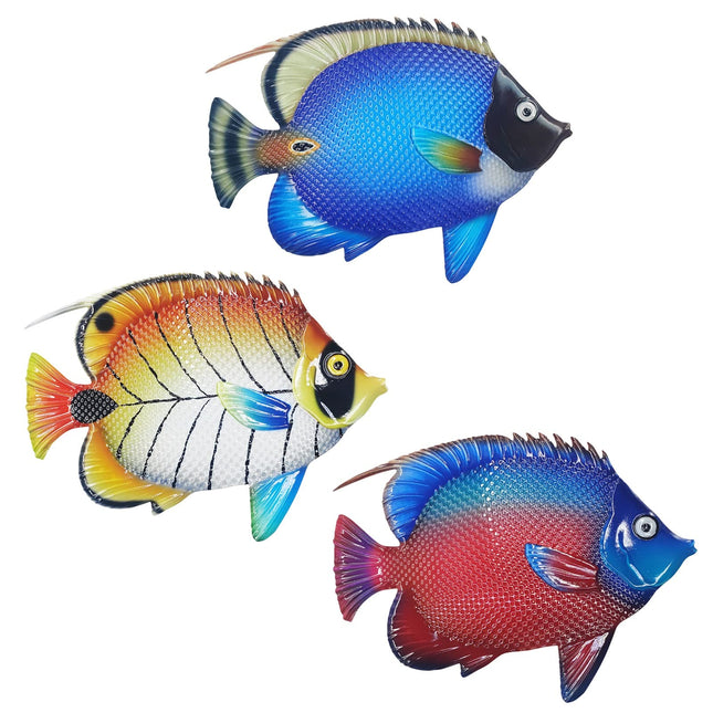 John's Studio Metal Fish Sea Wall Decor Outdoor Garden Hanging Art Sculptures Home Ocean Theme Decorations for Kitchen Bathroom and Pool - 3 PCS
