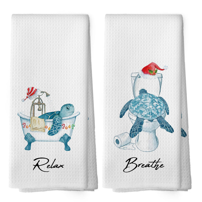 Mcehtle Coastal Christmas Sea Turtle Bathroom Hand Towels, Sea Turtle Gifts for Women Hand Towel for Bathroom Decor, Christmas Coastal Beach Decorative Towels for Washroom Toilet 16x24 Inch Set of 2