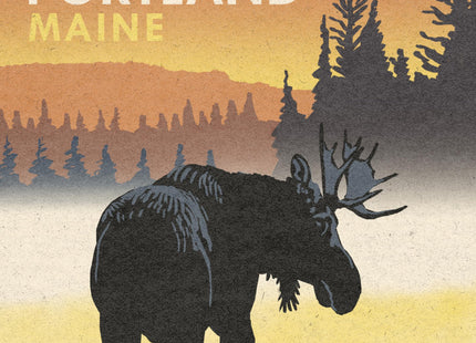 Lantern Press Portland, Maine, Moose at Dawn, Woodblock (Absorbent Ceramic Coaster, Single, Cork Back, Kitchen Table Decor)