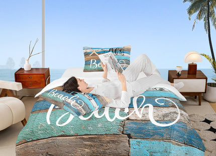 Castle Fairy Beach Life Comforter Set Queen Size,Blue Farmhouse Wooden Bedding Set for Kids Boys Girls Adults Room Decor,Hawaiian Ocean Quilt Set Starfish Sea Life Duvet Insert,2 Pillowcases