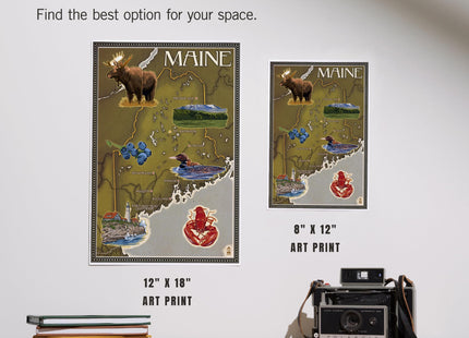 Lantern Press Maine Map and Icons, 12x18 Inch Art Print, Home Decor⁠