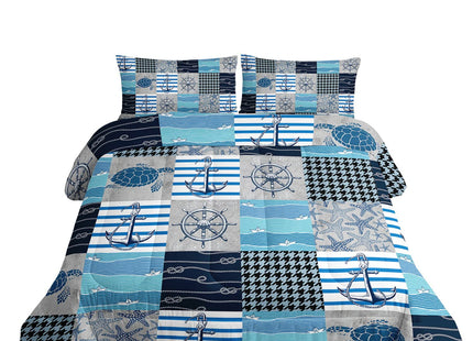 Datura home Nautical Anchor Sailor Comforter Bedding Set for Kids Teens Adults,Ocean Themed Rustic Buffalo Plaid Patchwork Blue Sea Microfiber Comforter with 2 Pillowcases(Anchor Sailor Twin)