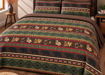 Rugs 4 Less Western Brown Quilt Set with Grizzly Bears and Pinecone Prints, Queen (3 Piece - Quilt and 2 Pillow Shams), 100% Polyester, Microfiber, Machine Washable