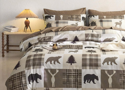 Wake In Cloud - Rustic Comforter Set, Cabin Christmas Lodge Western Country Bear Deer Moose Woodland RV Outdoor Theme, Soft Lightweight Bedding, 3 Pieces, Taupe, Queen Size
