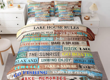 Erosebridal Lake House Rules Comforter Set for Camper,Lake Themed Bed in A Bag Full,Farm Wooden Camping Cabin Lodge Decor(1 Comforter,2 Pillowcases,1 Flat Sheet,1 Fitted Sheet,2 Throw Pillow Covers)