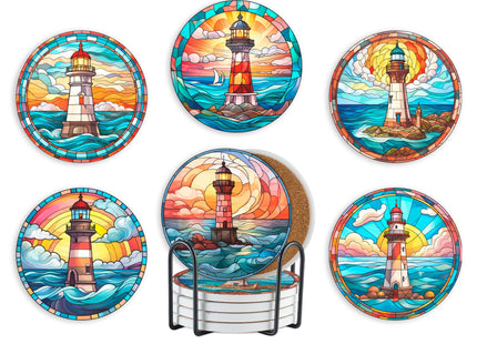 Lighthouse Gifts Coaster, Ceramic, Set of 6, with Gift Box, Absorbent with Cork Base, Home Decor for Family, Housewarming, Thanksgiving, Birthday and Christmas - Lighthouse