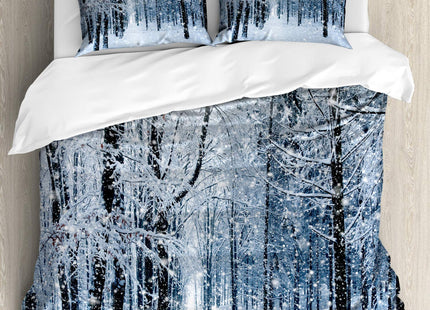 Ambesonne Winter Duvet Cover Set, Snow Covered Forest Idyllic Early Morning Scenery Seasonal Xmas Nature, Decorative 3 Piece Bedding Set with 2 Pillow Shams, Queen Size, Ecru Blue