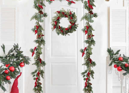 LOHASBEE Artificial Christmas Garland, 5 Feet Pine Cone Eucalyptus Garland with Red Berries, Bells & Greenery Glitter for Christmas Indoor Outdoor Garden Gate Front Door Home Wall Window Stair Decor