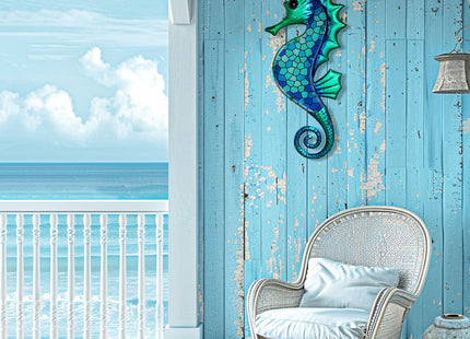 LIFFY Metal Seahorse Wall Art Mosaic Glass Ocean Wall Decor Coastal Sculpture Hanging Decoration for Home Garden Fence Pool Beach Bathroom