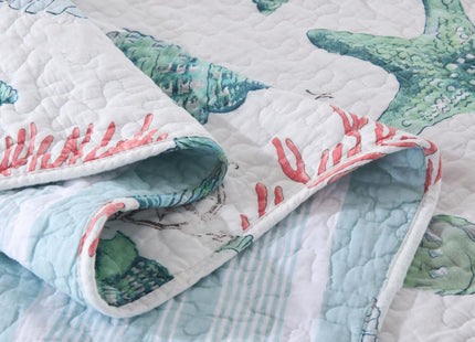 ABREEZE Coastal Beach Theme Bedding Queen Size Quilt Set Coverlet Cotton Reversible Starfish Seashell Conch Bedspread Coverlet Seaweed Coral Bed Cover with 2 Pillow Shams