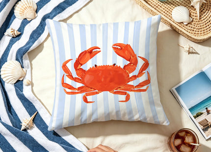 Exqcom Coastal Red Crab Pillow Covers 18x18, Blue and White Striped Coastal Nautical Crab Throw Pillow Covers for Bedroom Beach House Home, Preppy Beach Room Decor