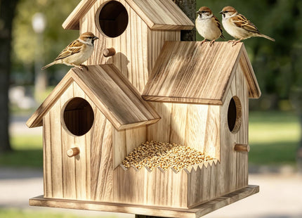 BlueYu Large Wooden Bird House for Outside, 3-Hole Birdhouse, Outdoor Bird Nesting Box for Bluebird Chickadee Finch Wren, Perfect for Garden Courtyard Decoration
