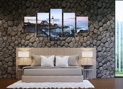 Wieco Art Large Canvas Prints Wall Art Portland Lighthouse Landscape Pictures to Photo Paintings for Kitchen Bathroom Home Decoration Wall Decor 5 Panels Modern Gallery Wrapped Seascape