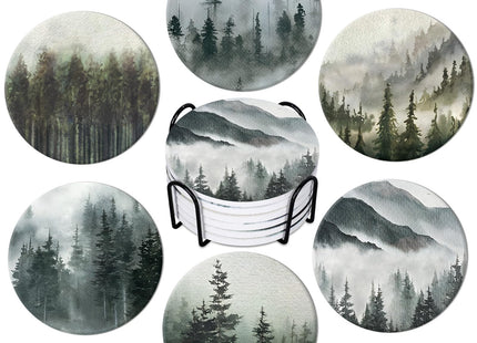 Whaline 6 Pcs Forest Coasters with Holder Misty Forest Ceramic Drink Coasters Absorbent Round Cup Mat Tabletop Protection for Home Kitchen Office Desk Coffee Table Decor