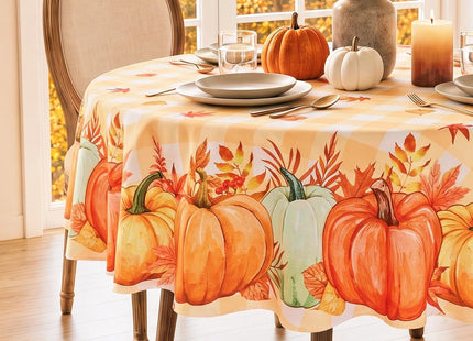 Softalker Fall Tablecloth Round, Orange Buffalo Plaid with Pumpkins