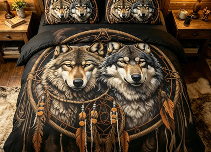 CCoutueChen Wolf Bedding Set Twin Size for Kids - Cabin Lodge Bedroom Set Black Brown Boho Dreamcatcher Comforter Set, Soft Microfiber Lightweight Comforter, 2 Pieces 1 Pillowcase