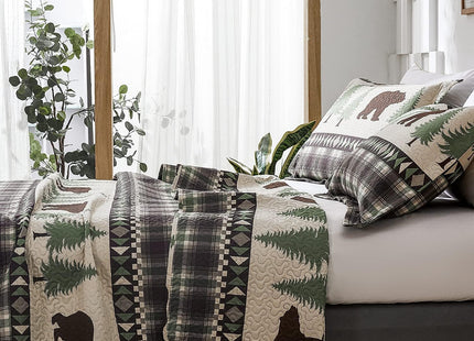 Quilt Set Queen Size Rustic Lodge Plaid Quilt Bed Spread Country Cabin Brown Bear Bedding Lightweight Reversible Quilts Home Bedspread Coverlet with 2 Pillow Shams