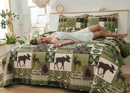 Quilts Set King Size Rustic Quilt Bedspread Coverlet King Quilt Bedding Country Lodge Patchwork Quilt Home Lightweight Reversible Bedspread Rustic Bear Bedding Cabin Moose Forest Animal Coverlet Olive