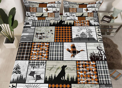Hunting Dog Bed Sheets Set Plaid Rustic Cabin Sheet Set Mallard Duck Sheets with Deep Pocket Fitted Sheet for Boys Girls Geometric Checkered Camping Hunting Bedding Set Full Size With 2 Pillow Case