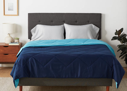Amazon Basics Soft Reversible Lightweight Microfiber Comforter, Washable, Warm All Season Blanket, Full/Queen, Navy/Sky Blue