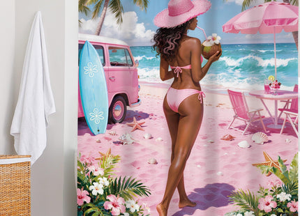 Coastal Fish Seashell Pink Summer Beach Coconut Bathroom Shower Curtain Set