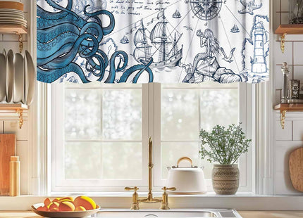Lnepty Nautical Octopus Window Valance,Funny Monster Ocean Kraken Sealife Pirate Ship Sailboat Retro Nautical Map Pattern Rural Vintage Drapes for Bedroom Living Room Bathroom 1 Piece,54x18 Inch