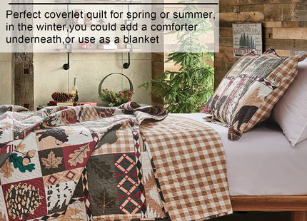 Rustic Lodge Quilt Set King Size Country Cabin Bedspread Coverlet King Moose Bear Reversible Patchwork Quilts Bedding Soft Lightweight Coverlets Forest Bear Farmhouse Bed Cover Sets with 2 Pillow Sham
