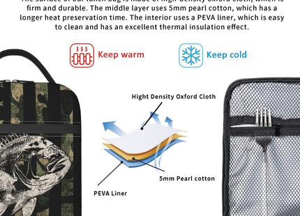Anyako Fishing Camouflage American Flag Bass Lunch Box, Portable Insulated Lunch Bag with Detachable Handle,Reusable Lunchbox for Boys Girls Men Women Adults