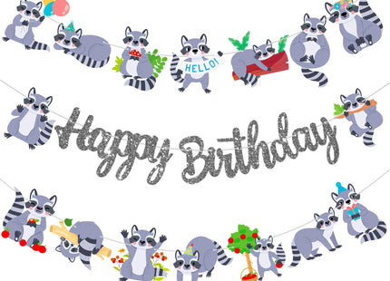 Raccoon Happy Birthday Banners Silver Woodland Party Decoration Themed Cutout for Lover Birthday Woodland Animal Baby Shower Supplies