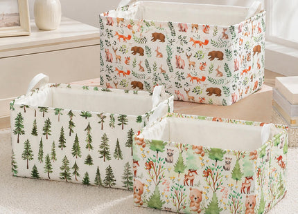 3 Pack Woodland Rectangle Storage Basket Green Forest Animals Shefl Basket Collapsible Bin for Nursery Closet Shelves Bedroom (Woodland)