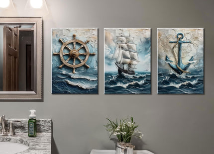 Vintage Nautical Wall Art Set of 3, Sailboat Art Prints, Framed, 16x12 in