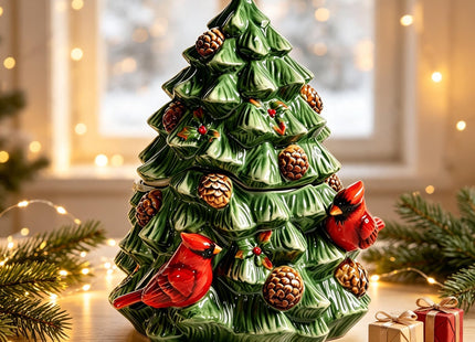 FORLONG Ceramic Christmas Tree Cookie Jar with Lid, Cardinal Bird Decor, Kitchen Food Storage Canister