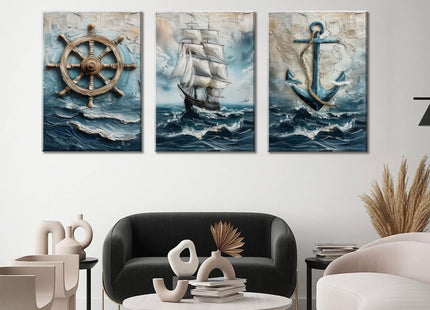 Vintage Nautical Wall Art Set of 3, Sailboat Art Prints, Framed, 16x12 in