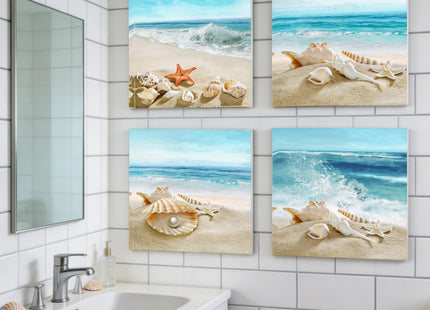 Sandy Beach Starfish Canvas Bathroom Wall Art Framed 4Pcs 12"x12"
