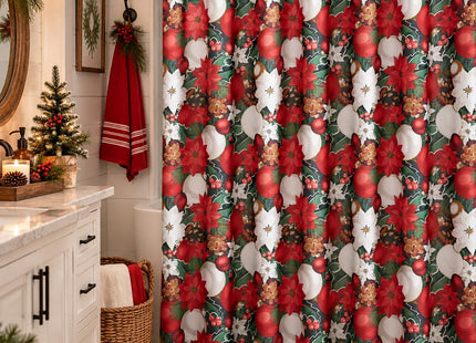 Christmas Vintage Poinsettia Pinecone Fabric Shower Curtain for Bathrooms