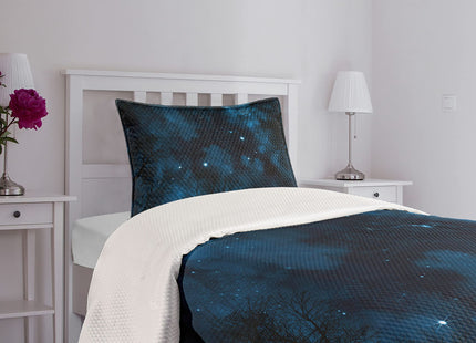 Lunarable Night Sky Bedspread, Spooky View Through Forest Branches Trees Foggy Sky with Stars, Decorative Quilted 2 Piece Coverlet Set with Pillow Sham, Twin Size, Sky Blue