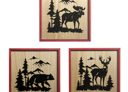WAIU Set of 3 Wood Wall Art, Rustic Woodland Bear Deer Moose Decor for Log Cabin Mountain Lodge Hunting Home