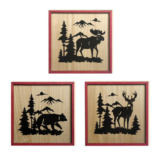 WAIU Set of 3 Wood Wall Art, Rustic Woodland Bear Deer Moose Decor for Log Cabin Mountain Lodge Hunting Home