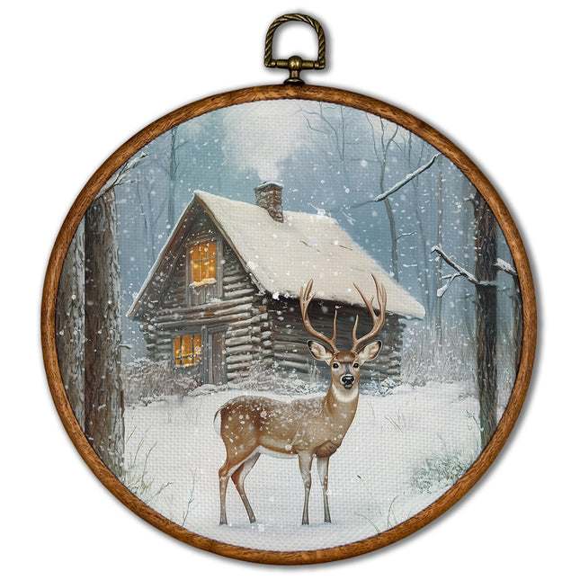 KSDUT Winter Wall Decor Art - Christmas Xmas Woodland Wall Art Canvas Frame Hanging Prints, Vintage Pine Tree Deer Holiday Landscape Round Wall Art Decor for Home Bedroom Decorations 10"x10"