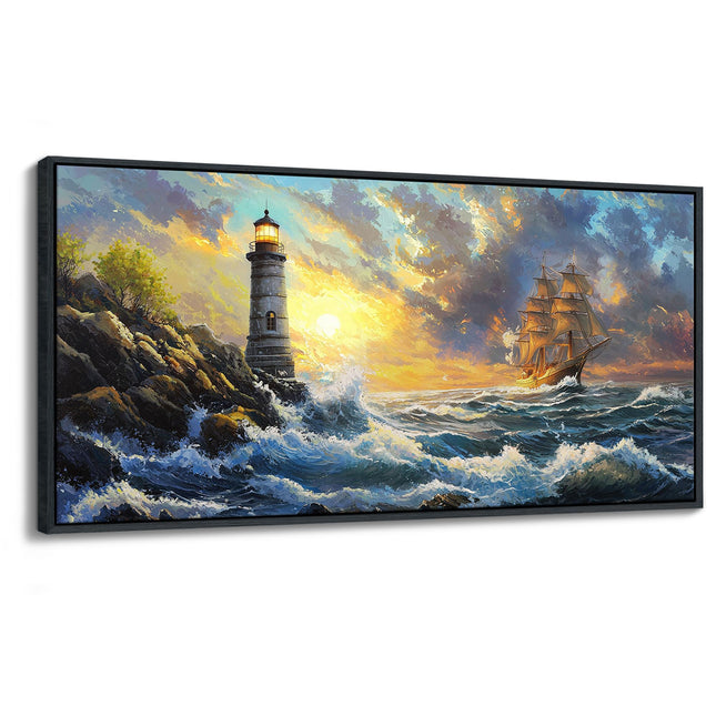 CHATYOUNG Large Wall Art Living Room, Ocean Sunrise Big Waves Framed Wall Pictures Beach Sailboat Lighthouse Landscape Canvas Paintings for Bedroom Dining Room Kitchen Office Home Decor 29x58 IN