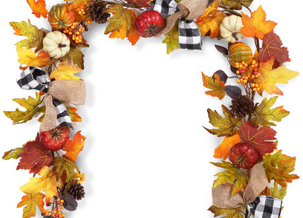 Adeeing 6 Ft Thanksgiving Fall Garland Decor, Artificial Autumn Garlands with Pumpkins, Maple Leaves, Ribbon and Pine Cone for Indoor Outdoor Fireplace Window Home Decoration